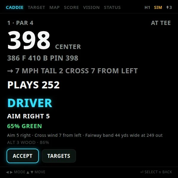 CaddieHUD simulated round with distance, wind, and club recommendation