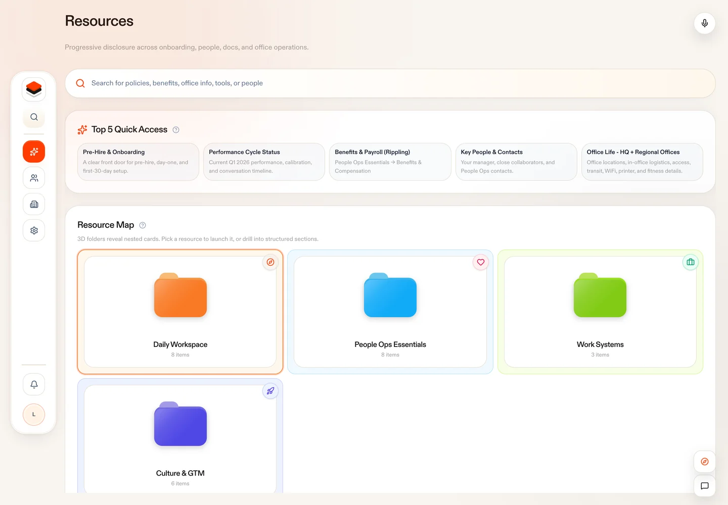 Grid employee resource hub with dimensional folders for company resources