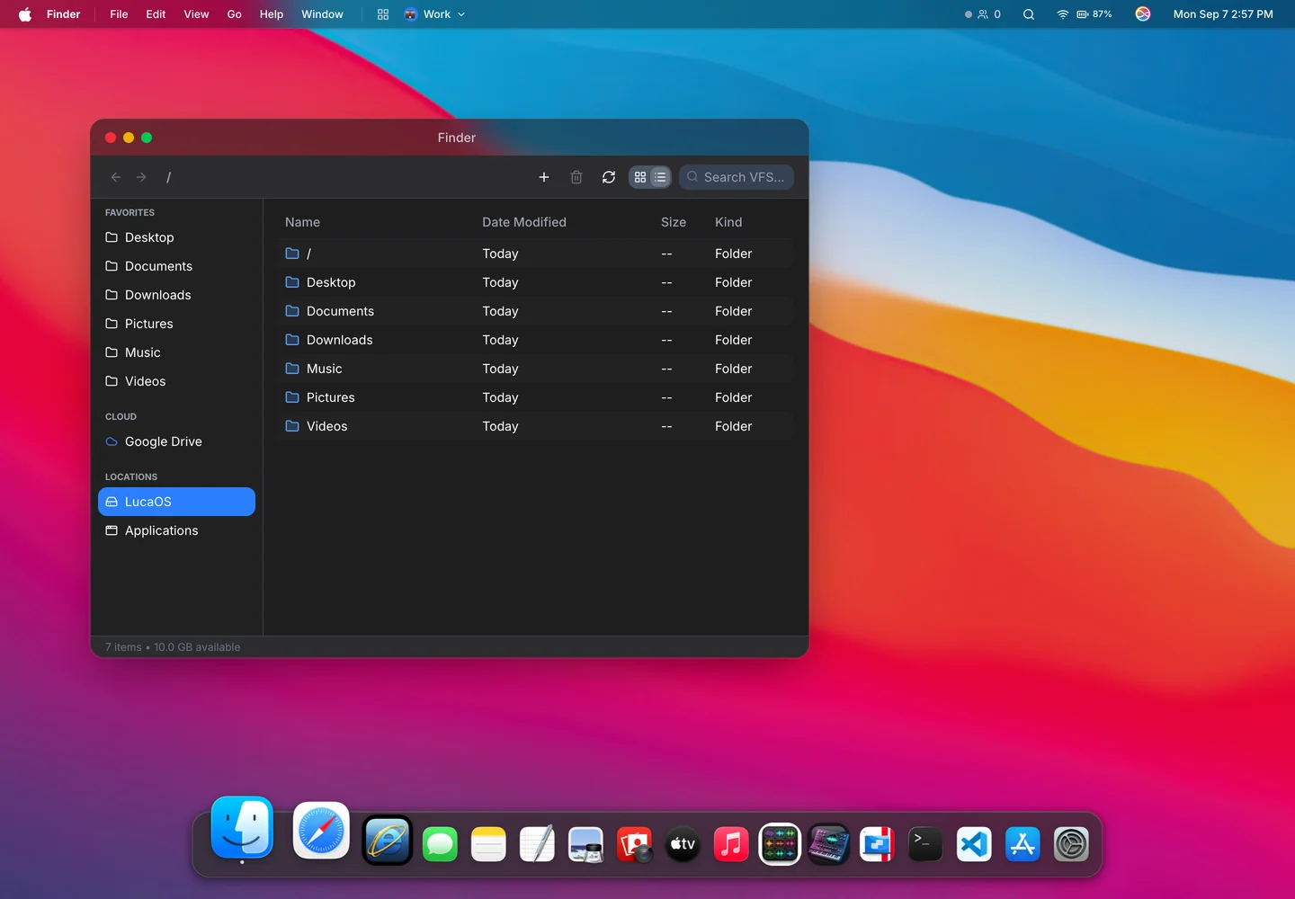 LucaOS desktop with its Finder window, virtual folders, and application dock