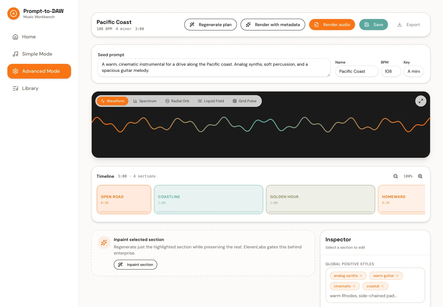Music Lab advanced composition view with a sample arrangement, waveform, and section timeline