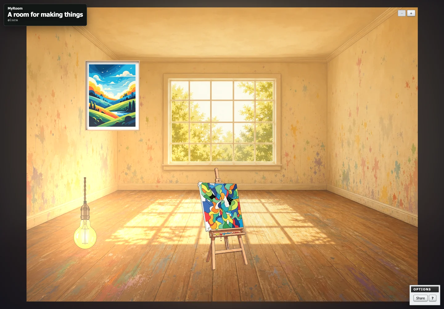 my-Room artist room with paintings, an easel, and a hanging light
