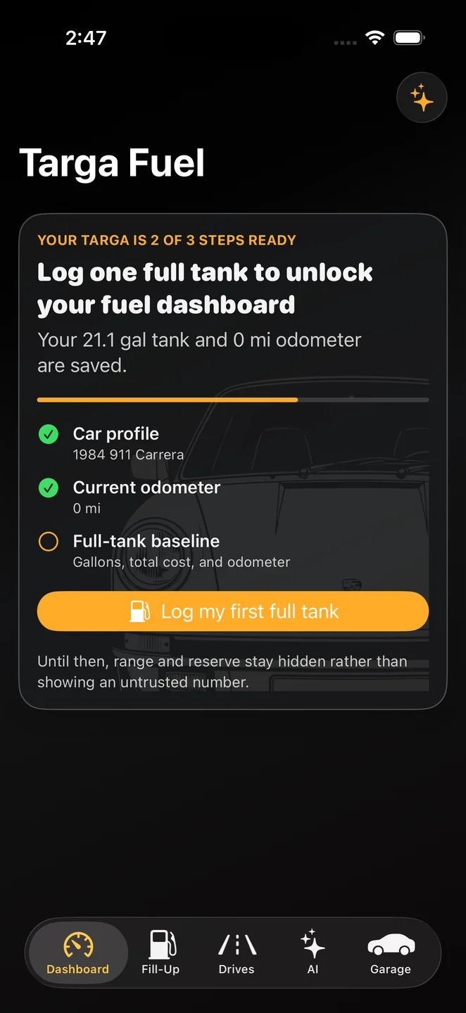 Targa Fuel native iOS dashboard with its vehicle and fuel setup